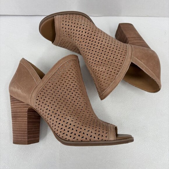 Lucky Brand Perforated Leather Bootie Size 8 Tan Suede Block Heel Peep Toe Boot - Picture 5 of 12